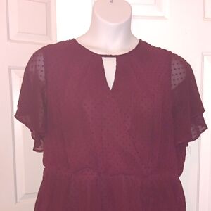 Lane Bryant Burgundy Swiss Dot Flutter Sleeve Blouse